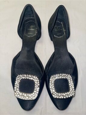 Roger Vivier Black Satin Pointed Toe Flats with Crystal Buckle